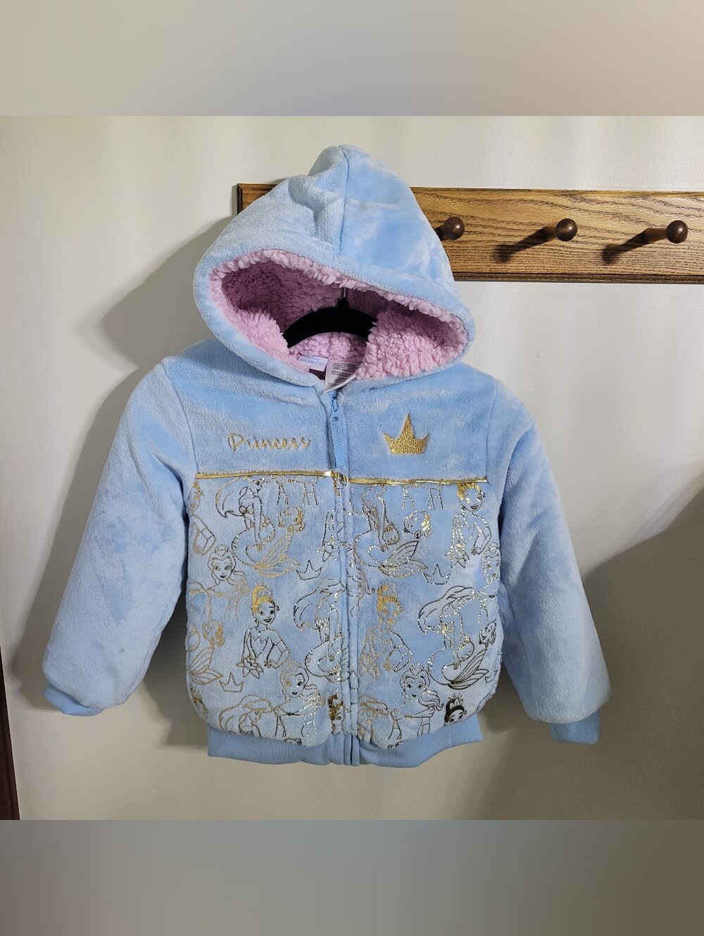 Disney Princesse Girls' Light Blue Hooded Jacket with Pink Sherpa Lining, Size 7